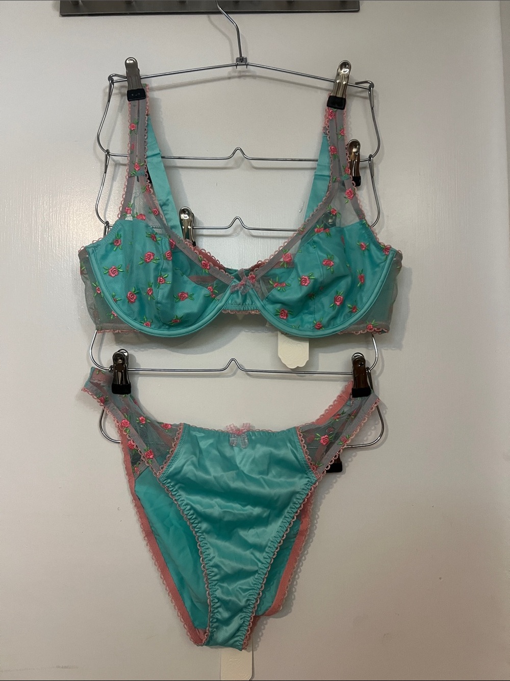 Delicate Aqua & Pink Embroidered Bra and Bikini Set